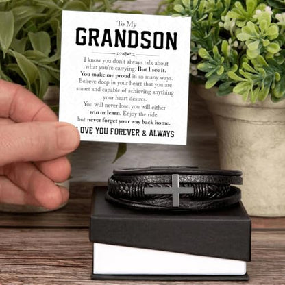 To My GrandSon Bracelet – Cross Braided Leather Bracelet, Meaningful GrandSon Gift from Grandpa & Grandma with Heartfelt Message Card & Elegant Gift Box for Birthday, Christmas, Graduation - color: Version#5