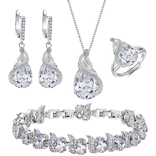EVER FAITH Pear Cubic Zirconia Wedding Jewelry Set for Bride Bridesmaid - color: Clear Silver-Plated-Brass