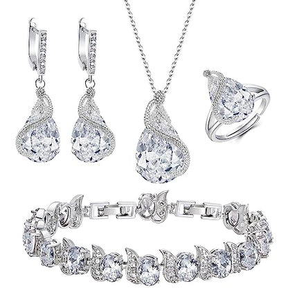 EVER FAITH Pear Cubic Zirconia Wedding Jewelry Set for Bride Bridesmaid - color: Clear Silver-Plated-Brass