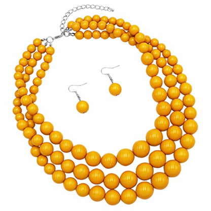 Rosemarie & Jubalee Women's 3 Colorful Multi Strands Simulated Pearl Necklace And Earrings Jewelry Gift Set, 18"+3" Extender - color: Mustard Yellow Silver Tone