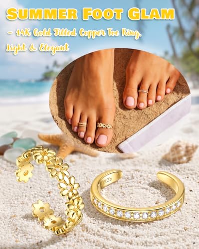 Sanfenly 12 Pcs Toe Rings for Women Non Tarnish Waterproof | 14K Gold Filled Dainty Thin Chunky Open Band Rings, Trendy Silver Plated Adjustable Toe Rings, Summer Beach Foot Jewelry Set - color: 14K Gold Plated