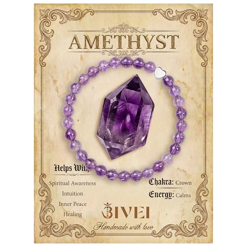 Bivei Crystal Stretch 6mm Bracelets for Women | Handmade Natural Stone Beaded Stretch Bracelet, Stainless Steel Heart Bead, Tranquility Yoga Gift Jewelry for Women - color: Amethyst - Tranquility