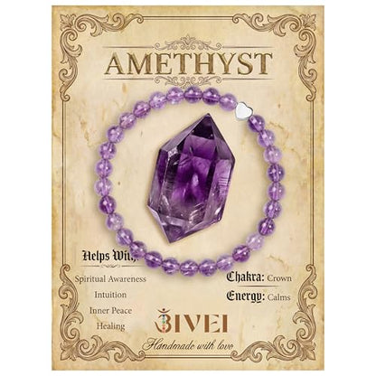 Bivei Crystal Stretch 6mm Bracelets for Women | Handmade Natural Stone Beaded Stretch Bracelet, Stainless Steel Heart Bead, Tranquility Yoga Gift Jewelry for Women - color: Amethyst - Tranquility