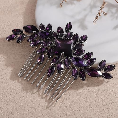 Square Rhinestone Hair Comb Silver Gold Rhinestone Wedding Headpiece Handmade Crystal Bridal Hair Comb Bridal Hairpiece for Brides Bridesmaid (purple) - color: purple
