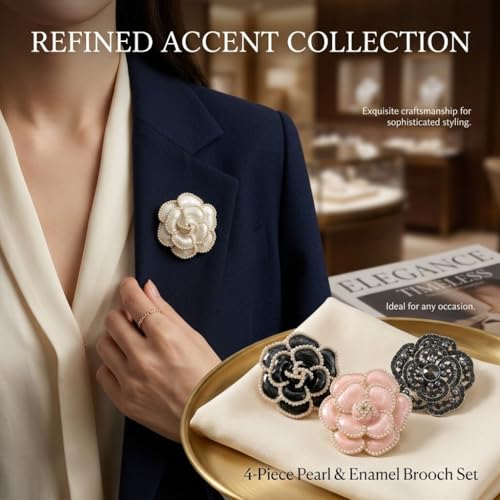 4 Pack Camellia Flower Brooch Pins for Women - Vintage Enamel Pearl Lapel Pin Set, Rhinestone Crystal Dress Suit Badges - Black White Pink Zinc Alloy Jewelry Gift