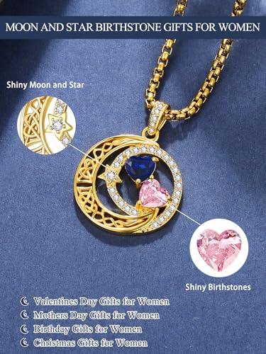 14K Gold Moon and Star Double Birthstone Necklace Gifts for Women | 2 Heart Birthstone Necklace,Mothers Day Wedding Anniversary Birthday Gifts for Wife Mom Daughter Grandma Sister - color: 09-10-Sept-Oct Birthstone