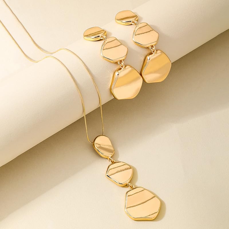 Statement Necklace and Earrings Set – 2PCS Gold Silver Chunky Geometric Pendant Jewelry with Snake Chain, Asymmetrical Ellipse Y-Necklace Metallic Fashion Jewelry for Women - color: B:Gold Angular Shape