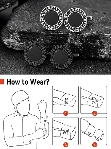 FaithHeart Mens Cufflinks, Norse Viking Tuxedo Shirt Cuff Links, Stainless Steel Cuff Links and Shirt Studs, Gift Box - style: 03. Black Onyx-Silver