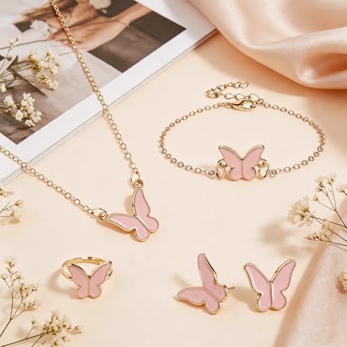 Butterfly Jewelry Set, Including Butterfly Necklace, Bracelet, Stud Earrings, and Adjustable Ring for Women - color: Pink