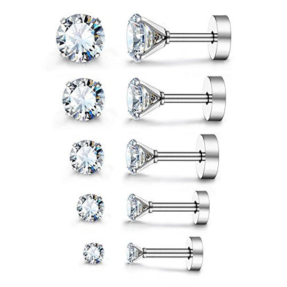 JewelrieShop Cartilage Tragus Earring Stainless Steel Stud Piercing Earring Flat Back Earrings Stud Flatback Screw Back Earrings for Women Men (16G, 6mm Bar Length, 3mm-7mm CZ, 5 Pairs) - color: 01. Steel with Clear White CZ