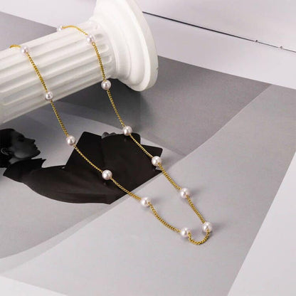 Gold Pearl Necklace For Women - 14K Gold Plated Layered Herringbone Chain Pearl Necklace, Trendy Simple Gold Jewelry Gift - color: Pearl Choker-Gold