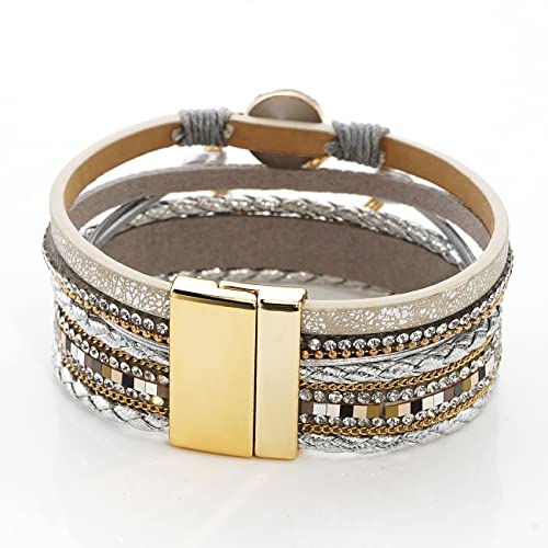 Suyi Multilayer Leather Wrap Bracelet Heart-Shape Wide Bracelets for Women - color: Silver