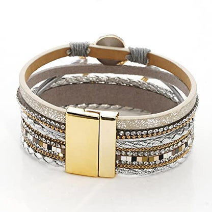 Suyi Multilayer Leather Wrap Bracelet Heart-Shape Wide Bracelets for Women - color: Silver