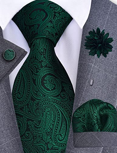 GUSLESON 3.15"（8cm） Mens Tie and Lapel Pin Paisley Necktie Hankerchief Cufflinks Set for Men - color: Emerald Green