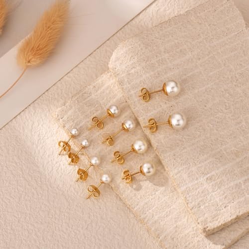 JINERA 5 Pairs Stud Earrings for Women 14K Plated Gold/Silver Pearl Ball Small Stud Earrings Set Cartilage Piercing Hypoallergenic Lightweight Flatback Earrings Jewelry Gifts for Women - color: 5 Pairs Pearl Earrings - Gold