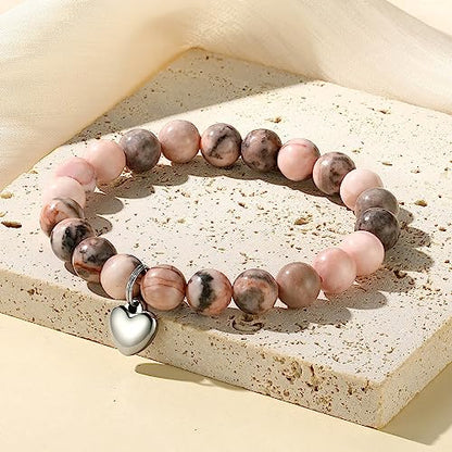 MIXJOY Inspirational Gifts for Women, Heart Charm Pink Elastic Beads Bracelet, Positive Affirmations Get Well Soon Gifts - style: steel heart precious loved pink
