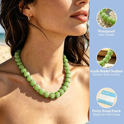 AOZEL Chunky Resin Beaded Necklace for Women Colorful Bead | Summer Beach, Waterproof, Fade Resistant, Adjustable Length, Boho Statement, for Daily Wear & Gifting - color: Pink