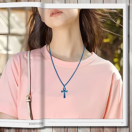 JUNOVUROS 18 to 28 Inches Rolo Chain Ancient Ankh Cross Pendant Necklace for Men Women Boys Girls 316L Stainless Steel with Large And Medium Sizes - color: H-Blue/Size:1.77 '' * 0.98 ", style: 22 Inches