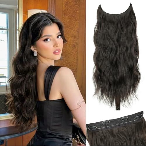 Dark Brown Halo Hair Extensions 20 Inch Synthetic Hair for Women | Wavy Texture with Invisible Wire and 4 Secure Clips for Easy Daily Styling Party Wear and Added Length - color: Dark Brown