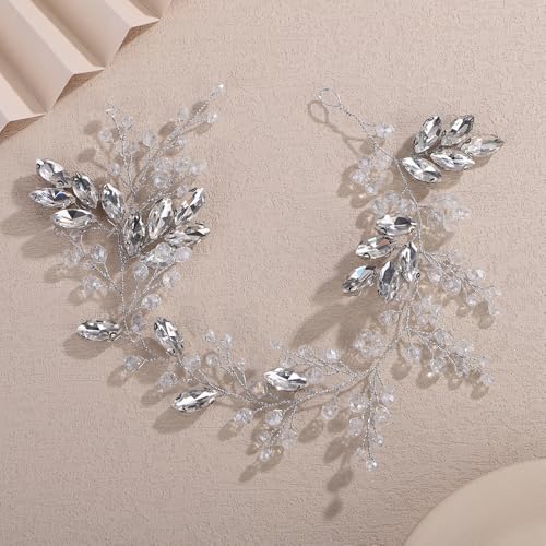 Teyglen Silver Crystal Bride Flower Wedding Hair Vine Handmade Crystal Rhinestone Headband Bridal Hair Piece for Women Party Prom Headpiece Sparkly Rhinestone Hair Accessories (Silver) - color: Silver