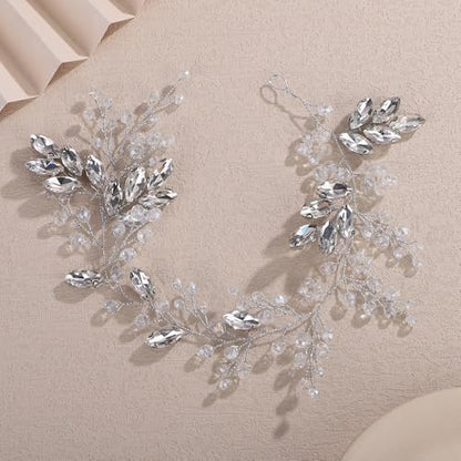Teyglen Silver Crystal Bride Flower Wedding Hair Vine Handmade Crystal Rhinestone Headband Bridal Hair Piece for Women Party Prom Headpiece Sparkly Rhinestone Hair Accessories (Silver) - color: Silver