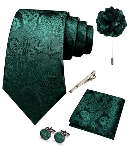 JEMYGINS Mens Paisley Tie and Pocket Square,Lapel Pin,Cufflinks,Tie Clip Sets with Gift Box 5PCS - color: Emerald Green