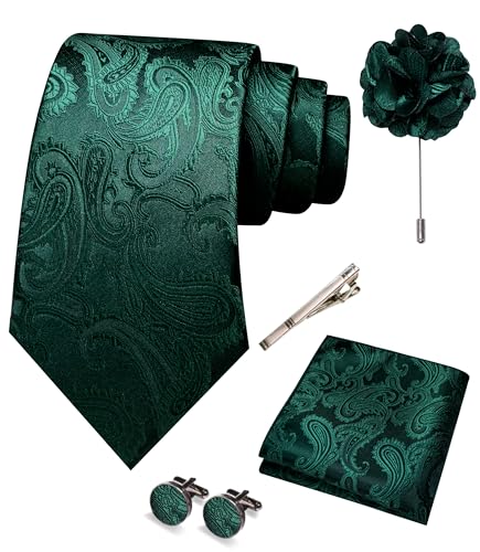 JEMYGINS Mens Paisley Tie and Pocket Square,Lapel Pin,Cufflinks,Tie Clip Sets with Gift Box 5PCS - color: Emerald Green