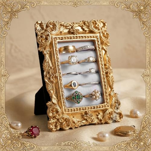 Picture Frame Ring Holder, Rectangle Vintage Ring Holder Gold Velvet Display Stand Frame Earring Tray Anniversary Engagement Baroque Organizer for Women Birthday Christmas Gift Photograph Prop