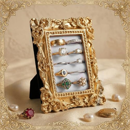 Picture Frame Ring Holder, Rectangle Vintage Ring Holder Gold Velvet Display Stand Frame Earring Tray Anniversary Engagement Baroque Organizer for Women Birthday Christmas Gift Photograph Prop