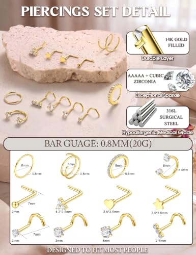 JeryWe Nose Rings for Women - 14K Gold Filled Hypoallergenic Surgical Steel Nose Ring Hoops CZ Lip Ring Screw L Shaped Studs Threadless Flat Back Stud Nose Piercings Jewelry for Women Men - style: 14K Gold Filled -4 Hoops