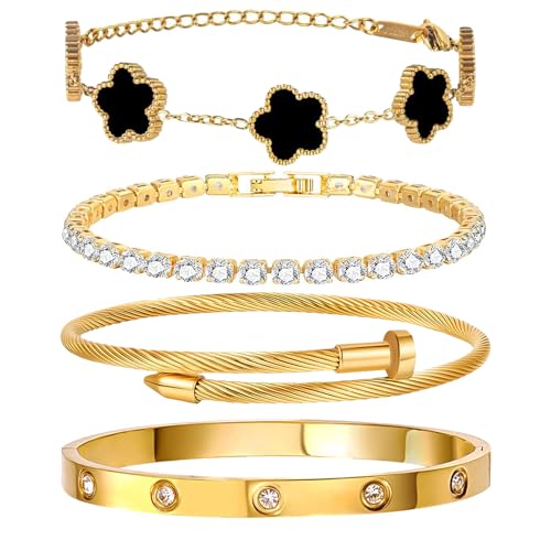 YOUNGGRACE 18K Gold Plated Womens Stackable Bracelets Set 4 Pcs – Love Bangle, Nail Bracelet, Clover & CZ Tennis Bracelet, Non Tarnish Hypoallergenic Stainless Steel Gold Layered Jewelry Gift for Her - color: Black Floral