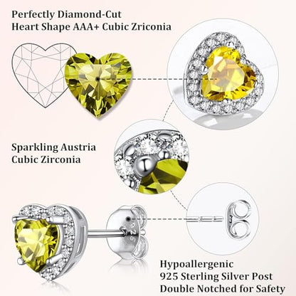 Bestyle Sparkling 925 Sterling Silver Birthstone Stud Earrings for Women, Heart/Round/Teardrop/Square Solitaire Diamond Studs Earrings, Great Birthday/Christmas Gifts - style: 08. Yellow Peridot-Aug.-heart