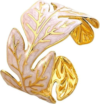18K Gold Plated White Enamel Cuff Bracelet for Women - color: leaves