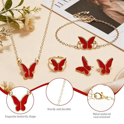 Butterfly Jewelry Set, Including Butterfly Necklace, Bracelet, Stud Earrings, and Adjustable Ring for Women - color: Red