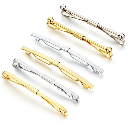 AnotherKiss 6-Pack Tie Collar Bar Pins for Men, Gold Silver Tone | Six gold and silver tone collar bar pins lift the tie knot and add polished style for business, weddings and formal outfits.
