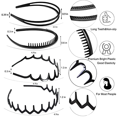 ULTIMUTE 8 PCS Fashion Effortless Plastic Headbands with Teeth Comb Black Skinny Headbands No Slip Hair Accessories Bands for Women Men Teen Girls, Lacquered Black - color: Lacquered Black