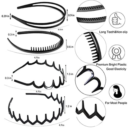ULTIMUTE 8 PCS Fashion Effortless Plastic Headbands with Teeth Comb Black Skinny Headbands No Slip Hair Accessories Bands for Women Men Teen Girls, Lacquered Black - color: Lacquered Black