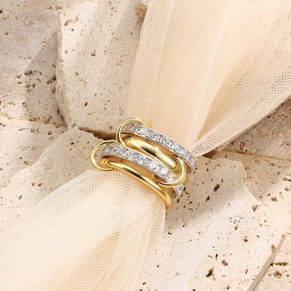 PATISORNA Gold Stackable Rings for Women Non Tarnish 18K Gold Plated Interlocked Stack Rings Set Silver Gold Mixed Metals Multi Ring Statement Thumb Rings Cubic Zirconia Connected Bands Fashion Jewelry Gifts - color: Thick Bands & CZ