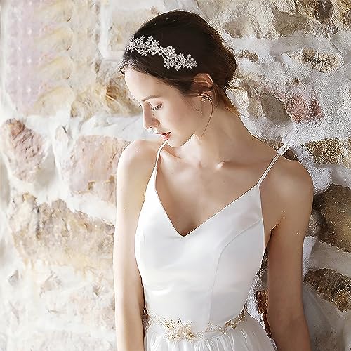 Wedding Headband Crystal Bridal Headdress Flower Design Headpiece For Women (Silver)
