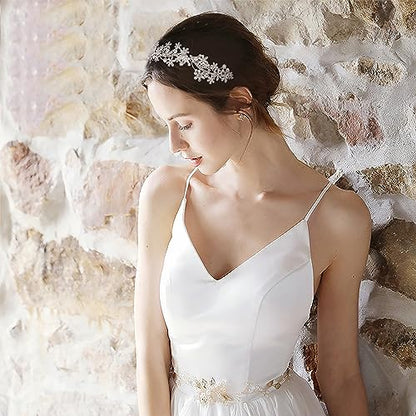 Wedding Headband Crystal Bridal Headdress Flower Design Headpiece For Women (Silver)