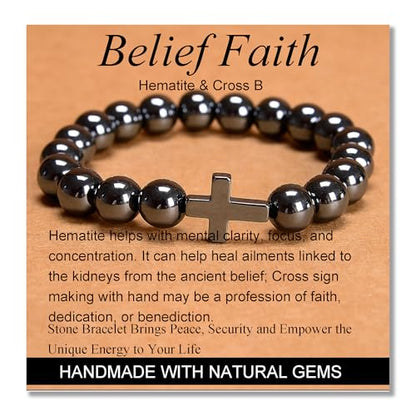 MASSIVE BEADS Handmade Yoga Stretch Elastic Bracelet Natural Stone Crystal Healing Power Energy Gifts for Unisex Adult 4mm 6mm 8mm 10mm - color: BELIEF FAITH(Hematite and Cross B), size: 10mm