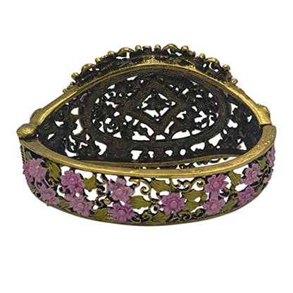Rosemarie & Jubalee Women's Stunning Vintage Inspired Burnished Gold Statement Victorian Elegance Metal Frame Hinged Cuff Bangle Bracelet, 6.75" - style: Pink Flowers