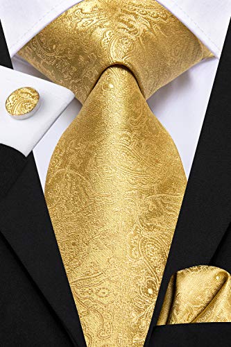 Hi-Tie 5Pcs Mens Solid Color Silk Tie Satin Pretied Bowtie Lapel Pin for Men Handkerchief Cufflink Wedding Gift Box - color: A Gold Paisely