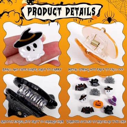 Mistofu Mini Halloween Hair Clip -12PC Small Claw Clips Pumpkin Ghost Bat Spider Shape Hair Claw for Girls, Cute Hair Accessories (mini-Halloween hair clips) - color: mini-Halloween hair clips