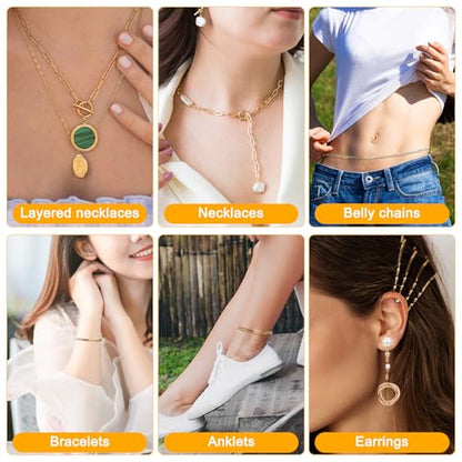 23 Ft Gold Chain for Jewelry Making, 18K Gold Plated Stainless Steel Oval Paperclip Chain Roll with 10 Lobster Clasps 30 Jump Rings 1 Opening Closing Tool for DIY Charm Necklaces Bracelets Women Men