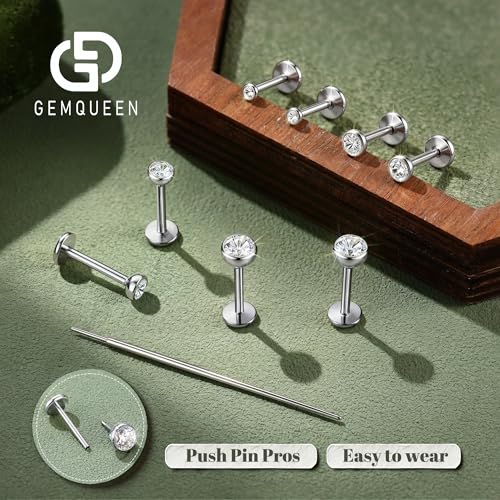GEMQUEEN 4 Pairs 16G/18G/20G G23 Titanium Implant Grade Nose Studs Threadless Flat Back Earrings Hypoallergenic Flatback 5A CZ Cartilage Helix Tragus Conch Tiny Lip Piercing Jewelry for Women Men - color: Pure Titanium-18G(1.0MM)-Bar-6/8MM&CZ-2/3/4MM