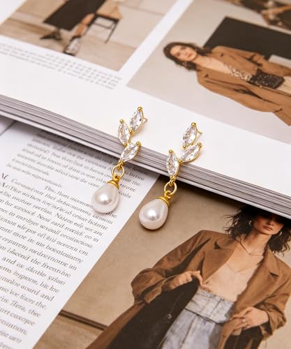 Pearl Earrings for Women Trendy, 14k Gold Plated Freshwater CZ Leaf Pearl Dangle Drop Gold Earrings Lightweight Hypoallergenic Stud Earring Bridesmaid Wedding Gold Jewelry for Women Gifts - style: leaf pearl dangle earrings