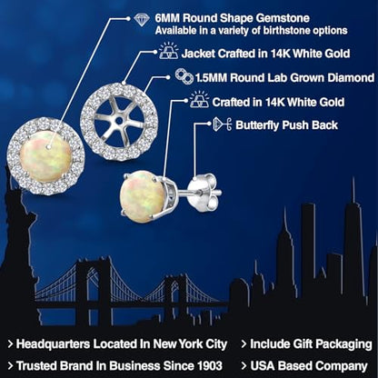 Gem Stone King 14K White Gold 6MM Round Gemstone Birthstone Stud Earrings with Removable Jackets and Lab Grown Diamond Accents | Gold Earrings For Women | Fine Jewelry Gift for Her Mom Women Wife - color: Ethiopian Opal-Cabochon-October