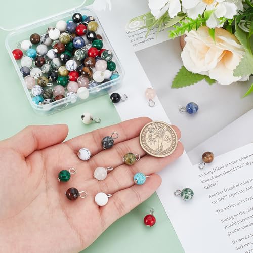 PH PandaHall 90pcs 15 Styles Round Gemstone Pendants 6mm Natural Stone Charms Stone Pendants Round Loose Beads with Silver Loop Quartz Stone Charms for Necklace Bracelet Earring DIY Crafts