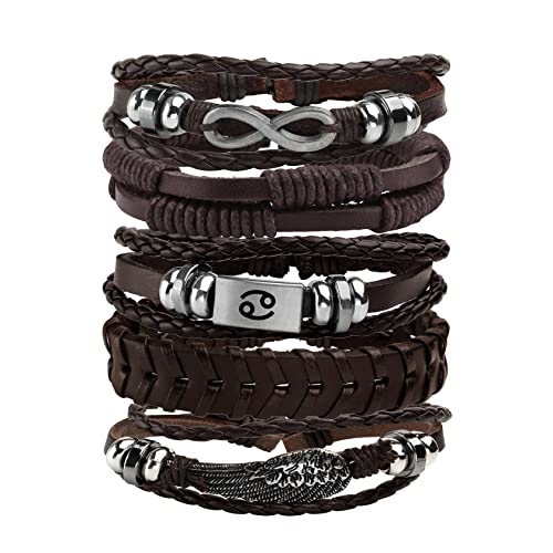 5 Pcs Braided Leather Bracelets for Men Women Woven Cuff Bracelet Adjustable - color: Brown(12-Constellation Engraved)